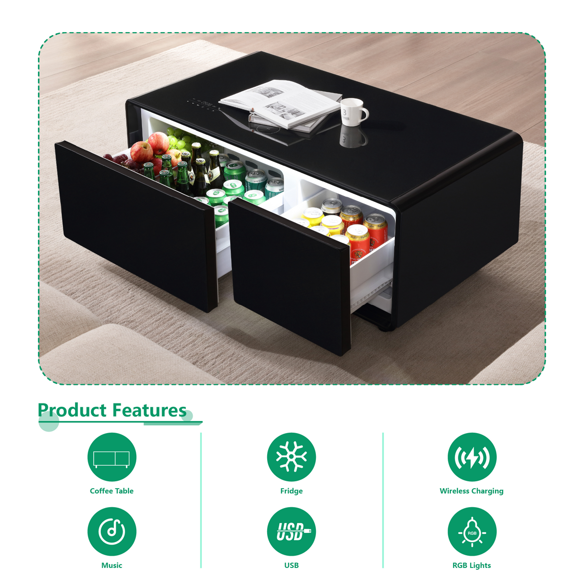 Black smart coffee table with open storage and visible fridge compartments