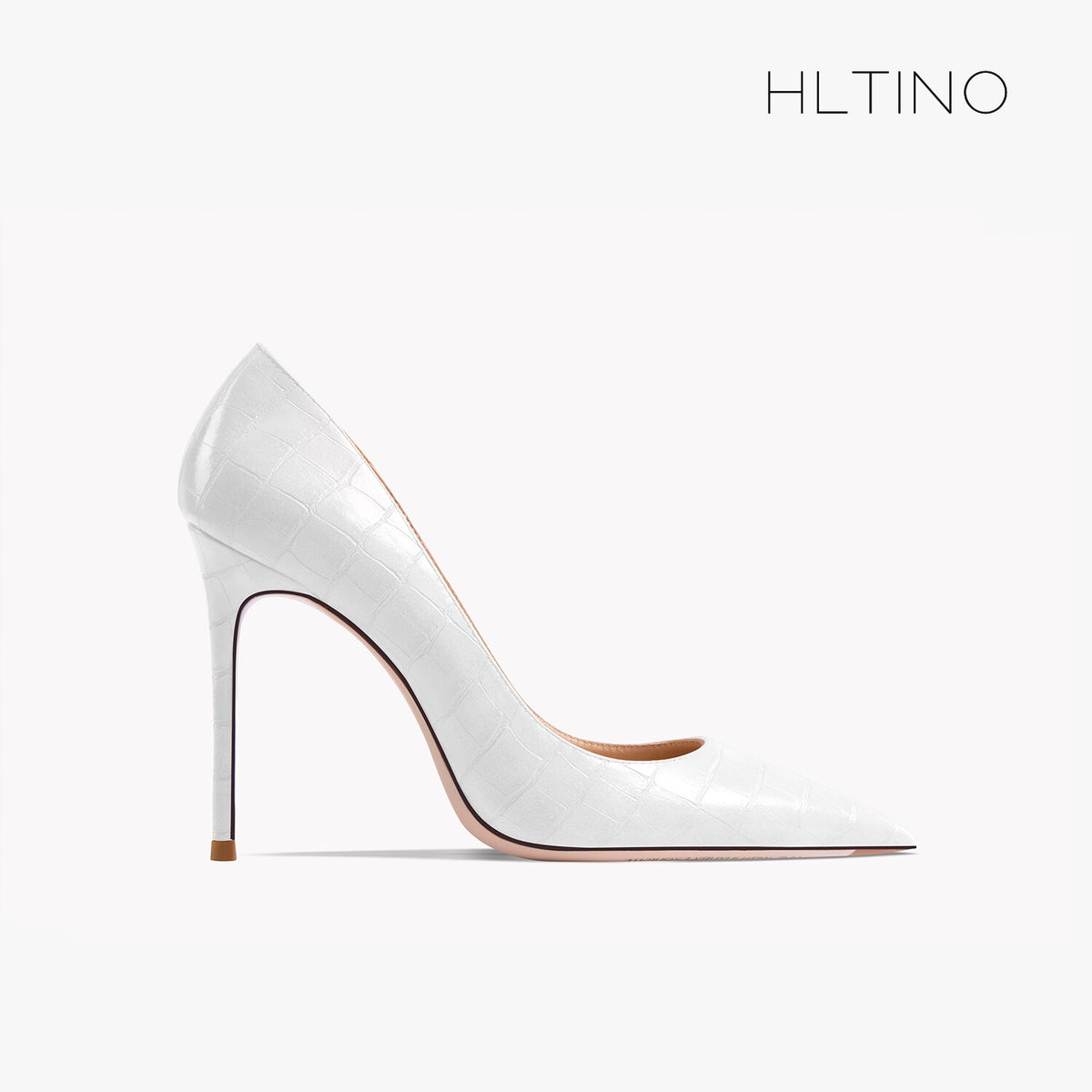 Women’s pointed-toe patent high-heel shoe with thin stiletto, white crocodile texture