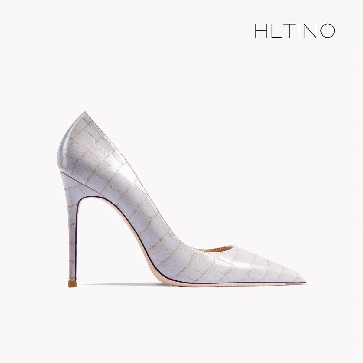 White pointed toe stiletto pump, glossy leather with embossed croc texture and thin heel