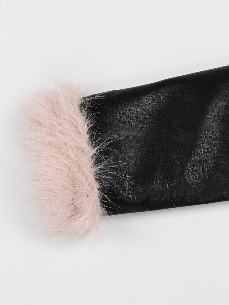 Black PU leather sleeve with soft pink faux fur cuff trim