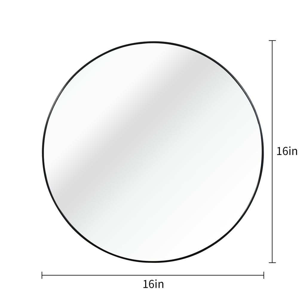 Round mirror with black rim, 16in diameter size diagram on white background