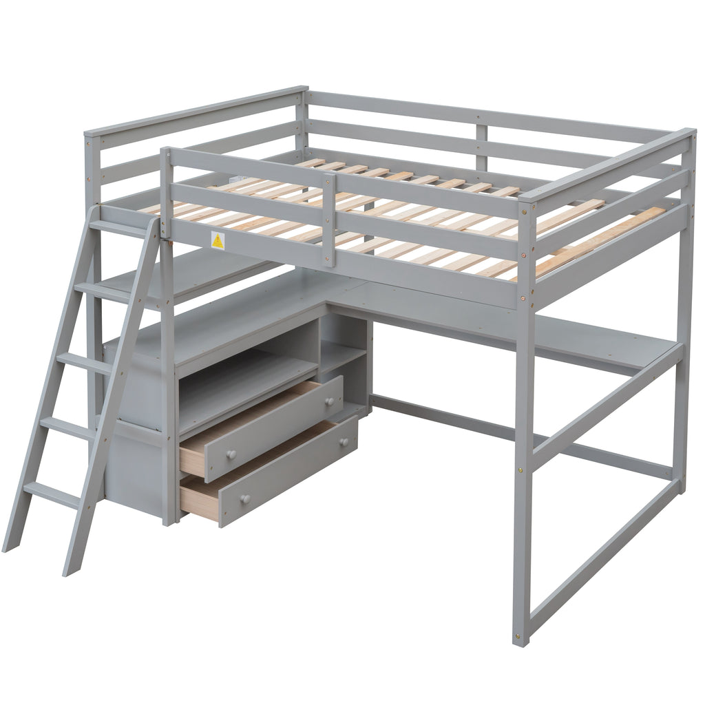 Gray loft bed with ladder, open shelving, and two built-in drawers under desk