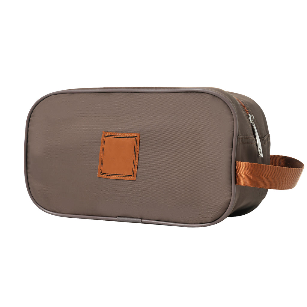 Rectangular gray toiletry bag with copper trim and zip closure, worn-on shoulder strap