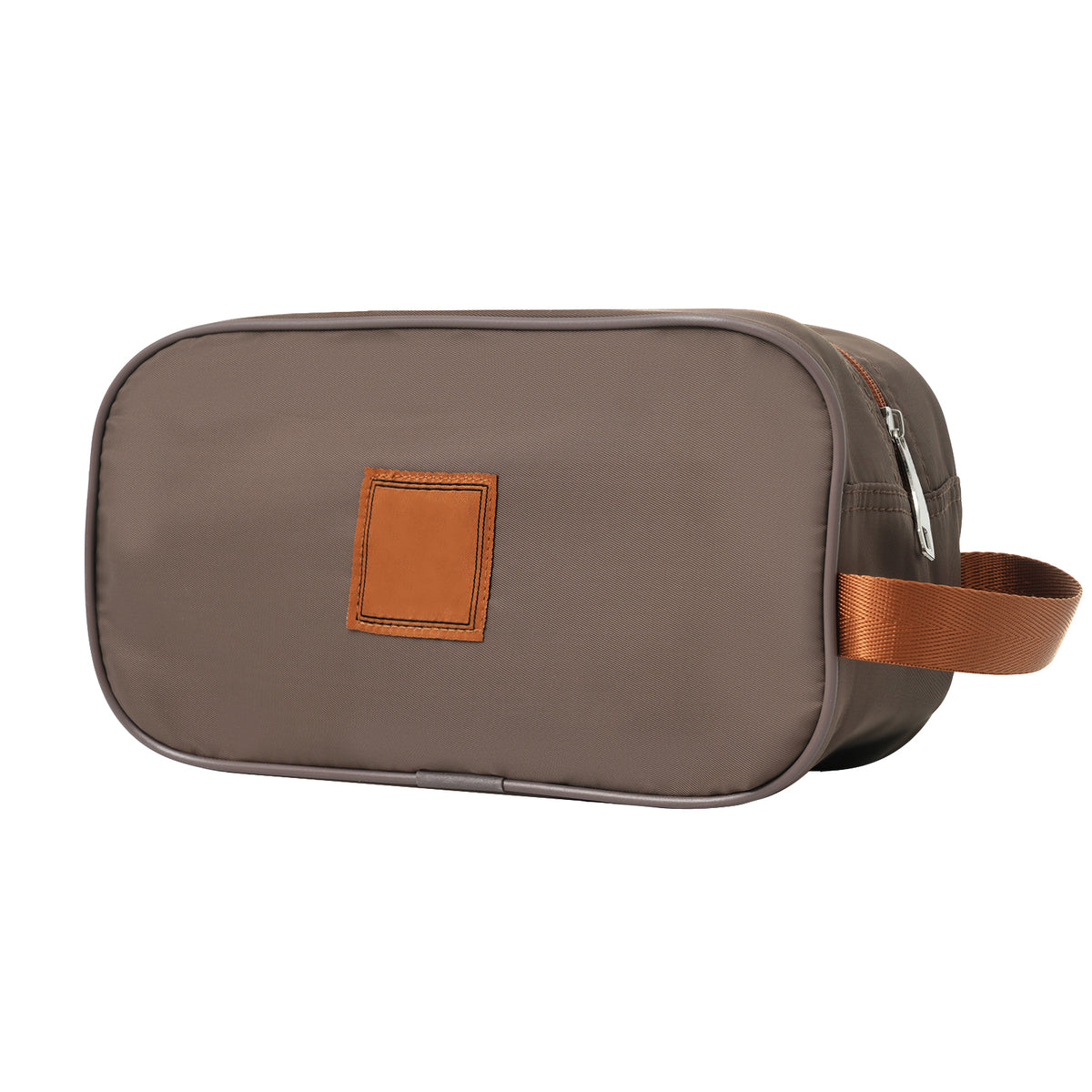 Rectangular gray toiletry bag with copper trim and zip closure, worn-on shoulder strap