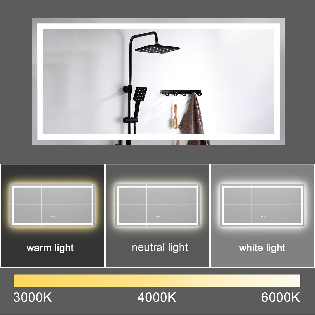 LED bathroom mirror with white frame and selectable warm, neutral, and white light