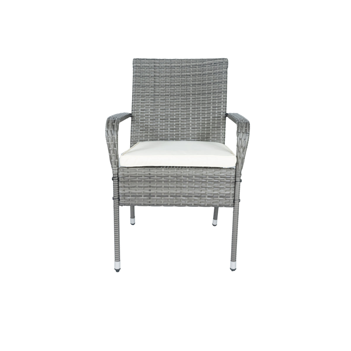 Gray wicker lounge chair with white seat cushion and armrests