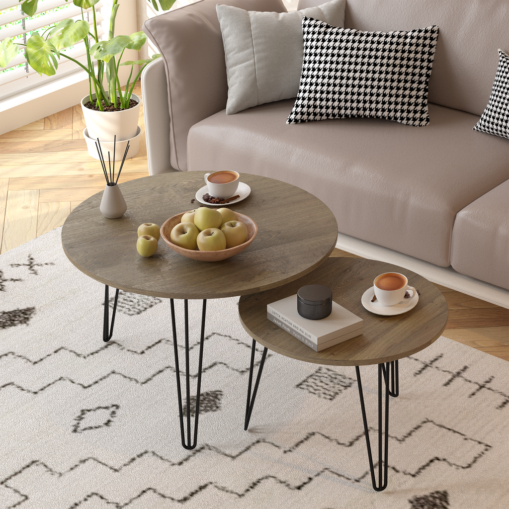 Round nesting coffee table set of 2 with dark wood-look round tops and black metal legs