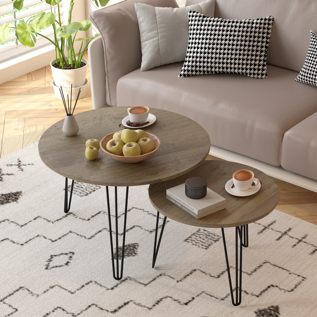 Round nesting coffee table set of 2 with dark wood-look round tops and black metal legs