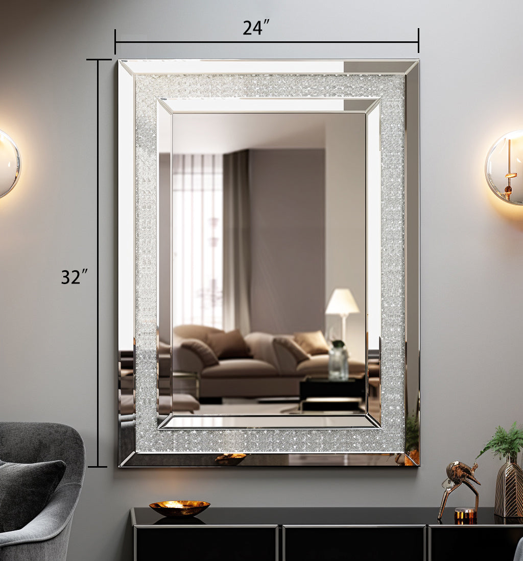 Rectangular wall mirror with silver glitter-speckled frame and reflective HD glass.