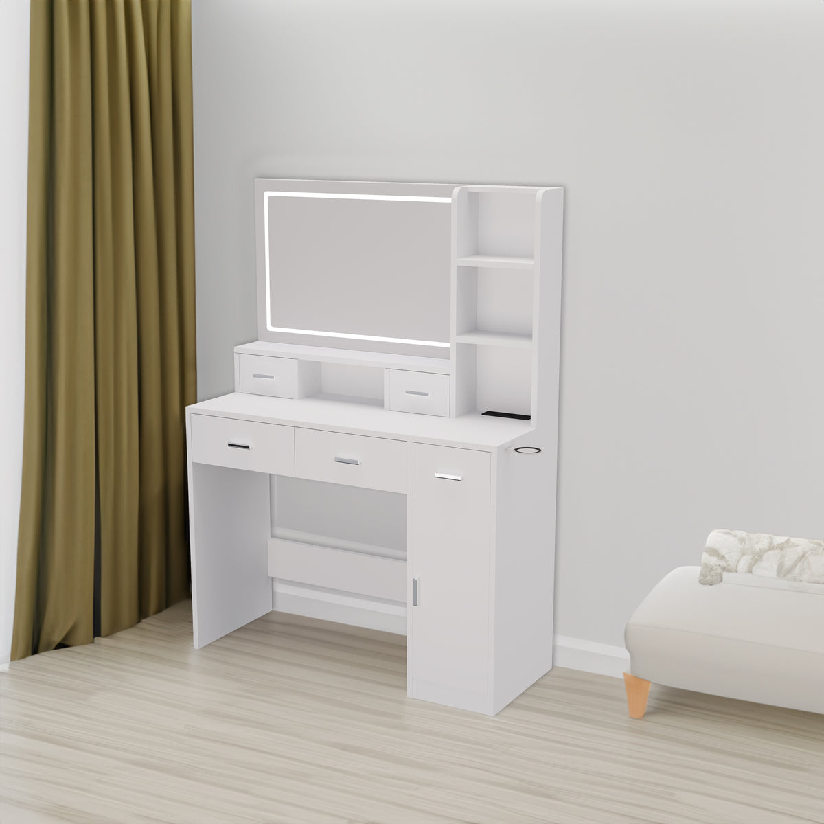 White smart mirror dressing table with drawers and open storage shelves