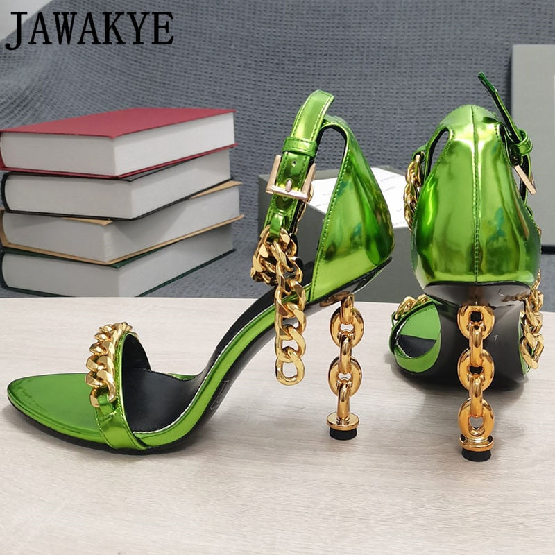 Shiny green open-toe high-heel sandals with ankle strap, gold chain embellishments