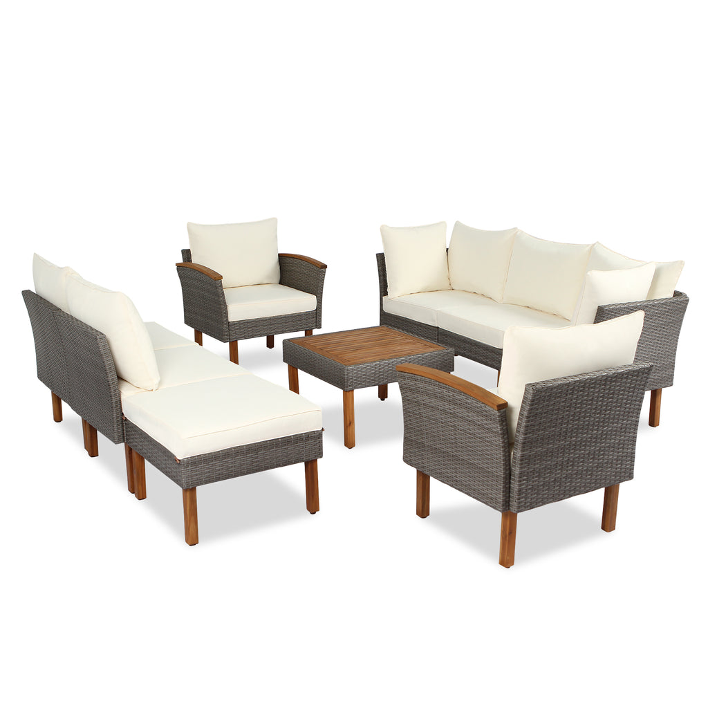 Outdoor rattan patio seating set with beige seat cushions and dark wicker frames