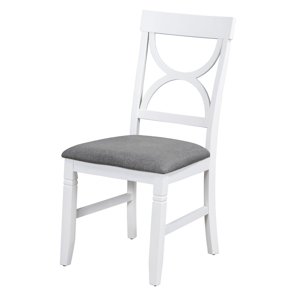 Wood dining chair with gray fabric seat and white circular cutout back