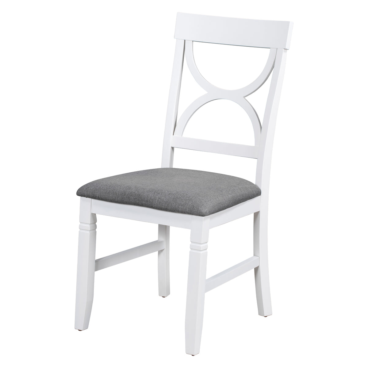 Wood dining chair with gray fabric seat and white circular cutout back