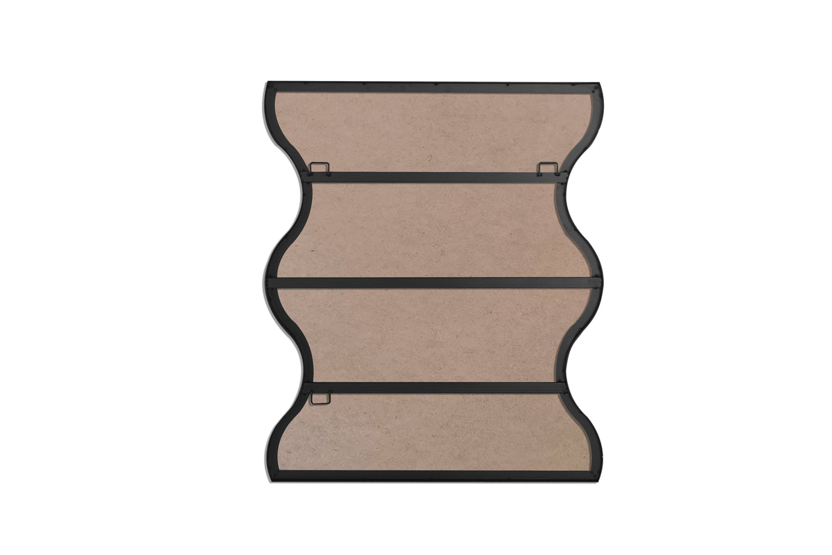 Wall mirror with wavy rectangular shape and black metal frame, flat glass panel