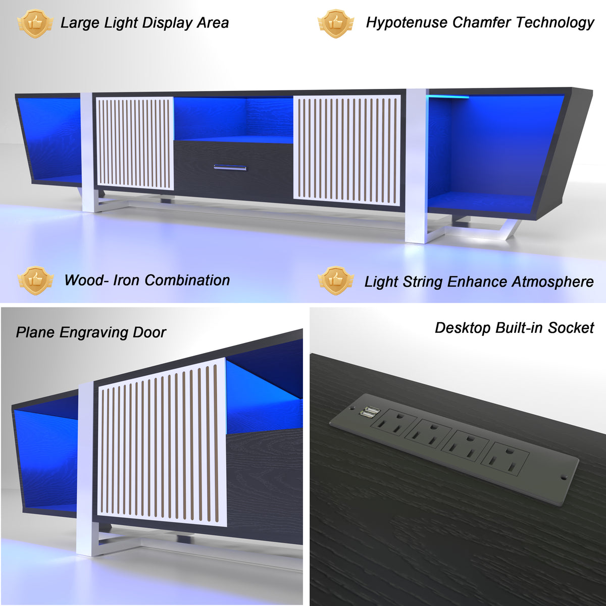 Black TV console detail: striped cabinet doors, center drawer, and blue lighting
