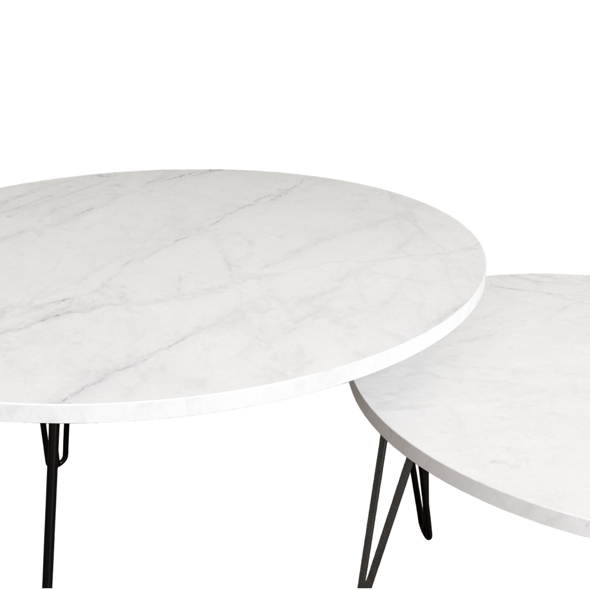 Close view of white marble-look round nesting table top with black metal legs