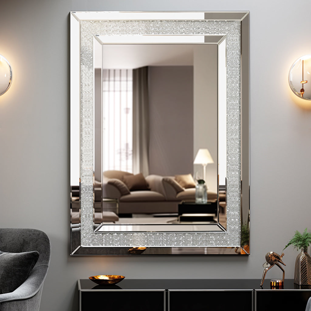 Rectangular silver wall mirror with glitter-speckled border and reflective HD surface.