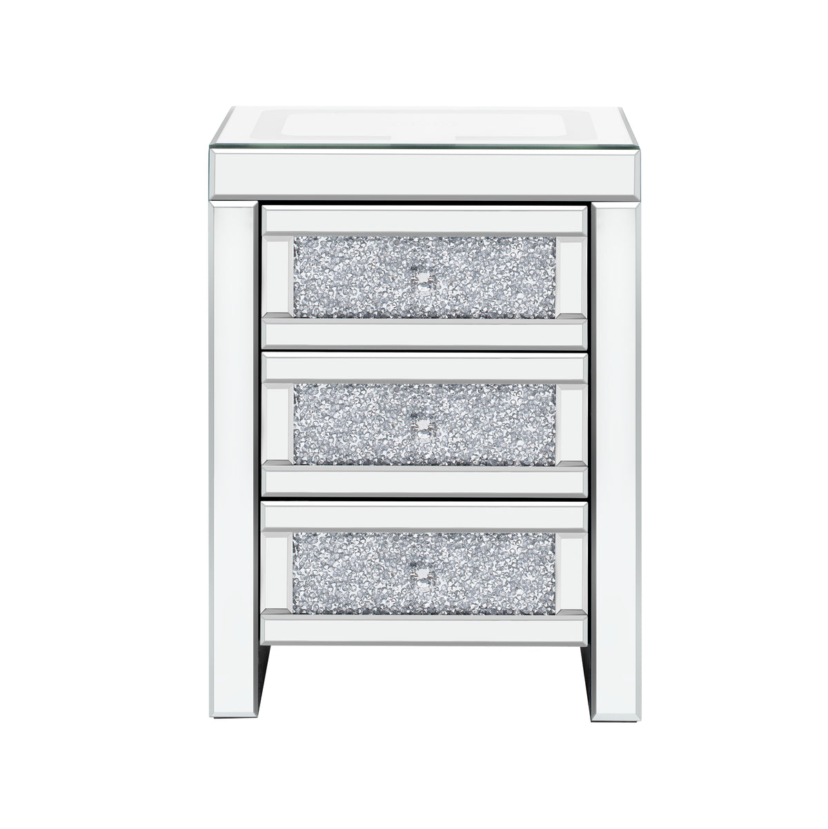 White-top silver coffee table with three glitter drawer fronts and mirror frame