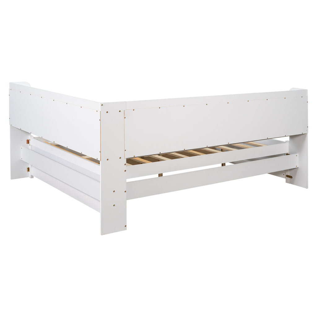 White full bed frame with L-shaped bookcase shelving and two drawer fronts