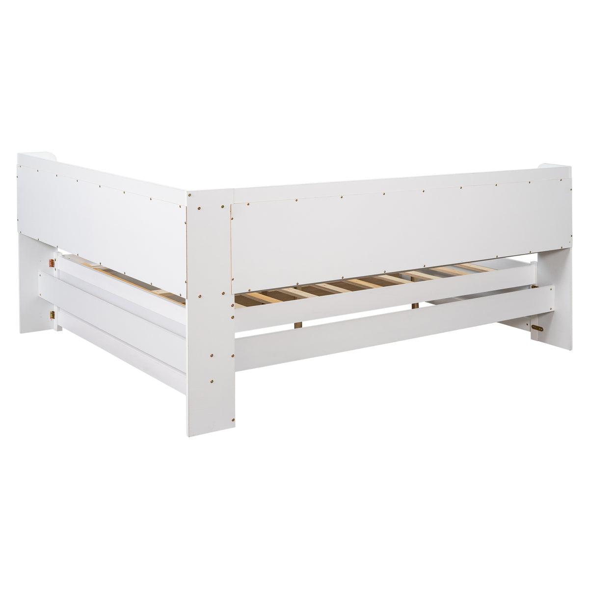 White full bed frame with L-shaped bookcase shelving and two drawer fronts