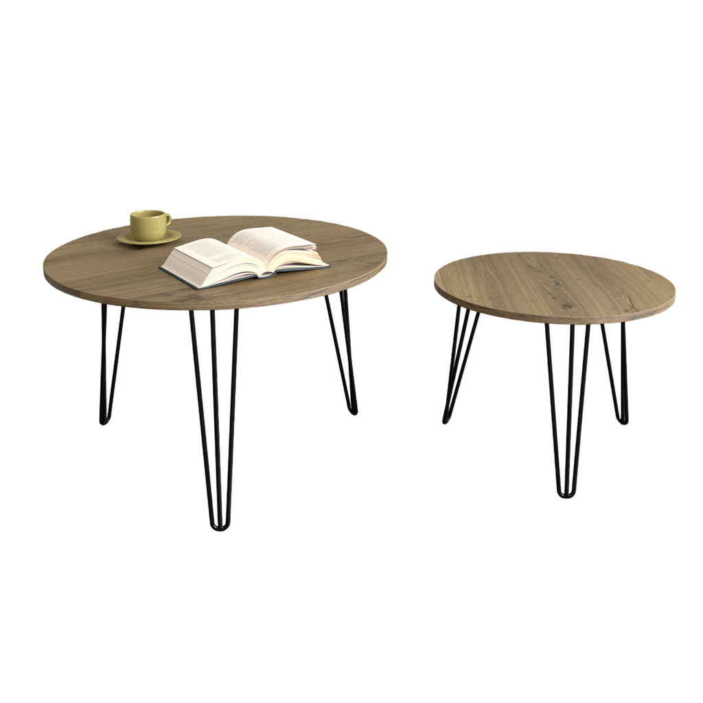 Two-piece round nesting coffee tables with dark wood-look surfaces and black metal legs