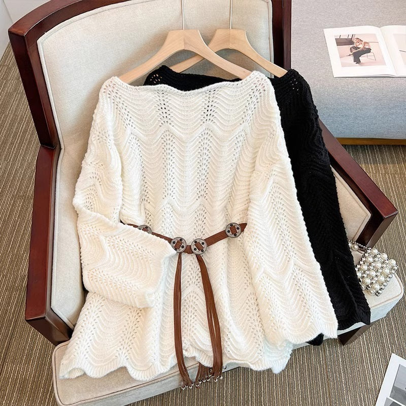 Women’s white one-shoulder knit sweater with textured pattern and tassel tie belt