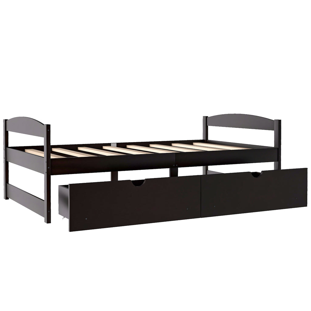 Twin platform bed with two drawers, espresso finish, front drawer with round pulls