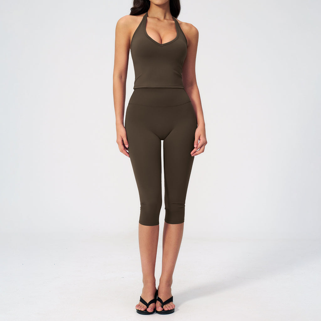 Women’s sports vest suit in black coffee: sleeveless crop top and capri leggings.