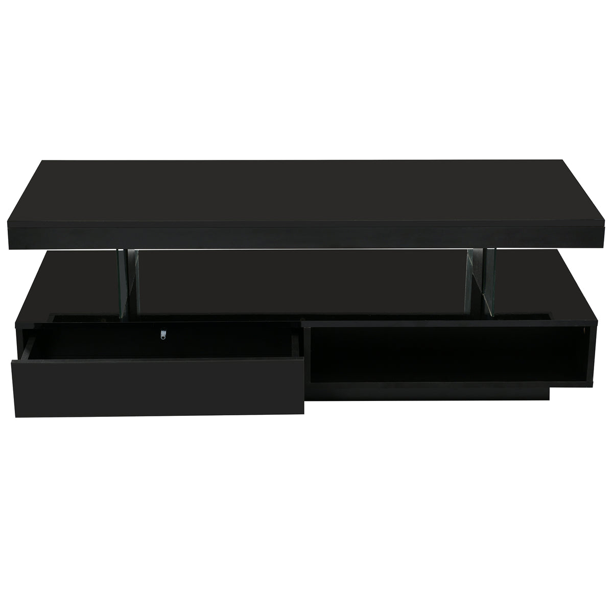 Black coffee table with two drawers pulled open to show interior storage compartments.