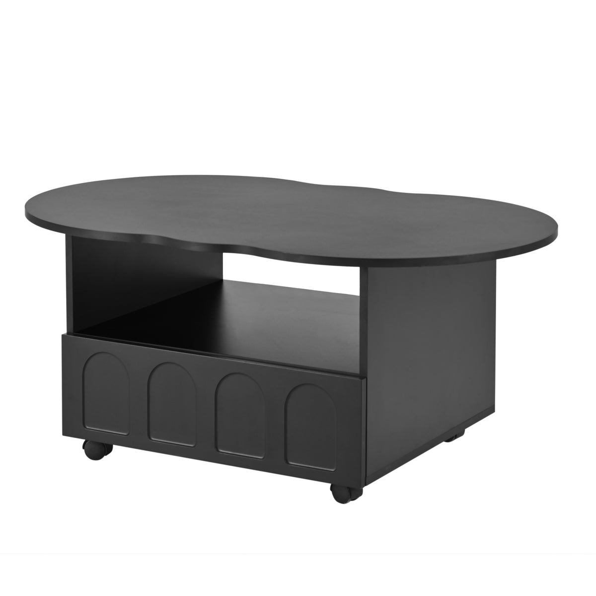 Black oval coffee table with open shelf, cabinet drawer fronts, and corner casters