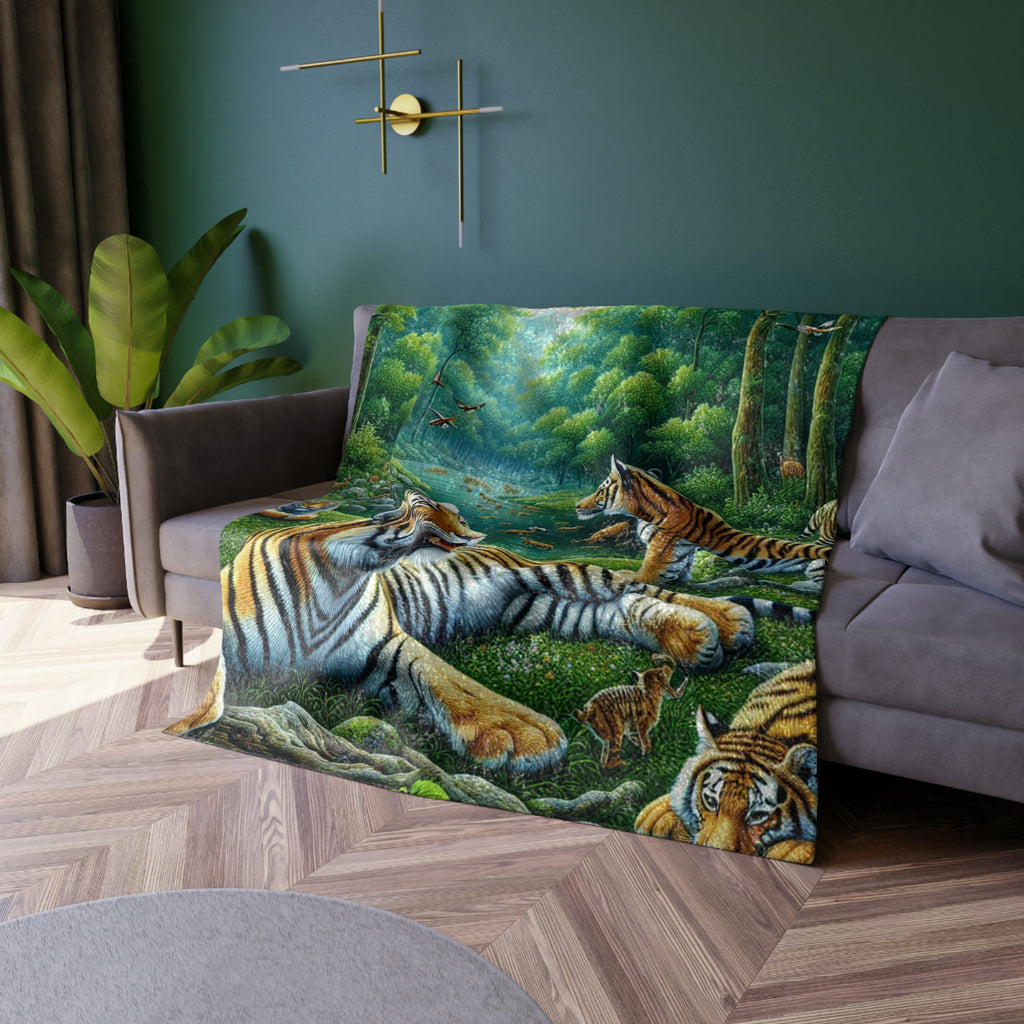Crushed velvet blanket featuring tiger-jungle scene in green and tan