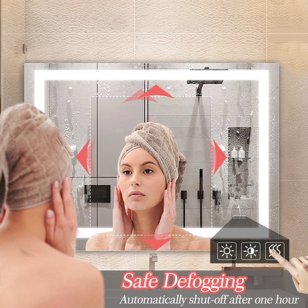 LED bathroom mirror with illuminated frame, defog feature touch icons