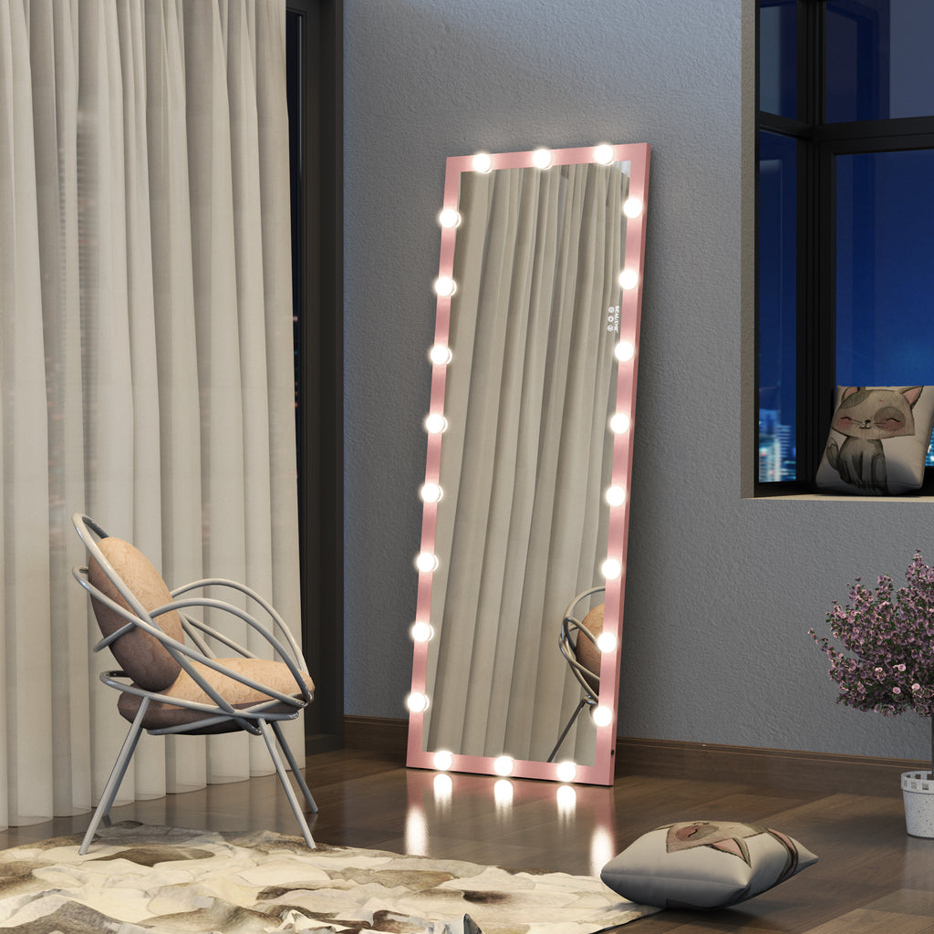 Pink Hollywood illuminated floor mirror with bright LED border
