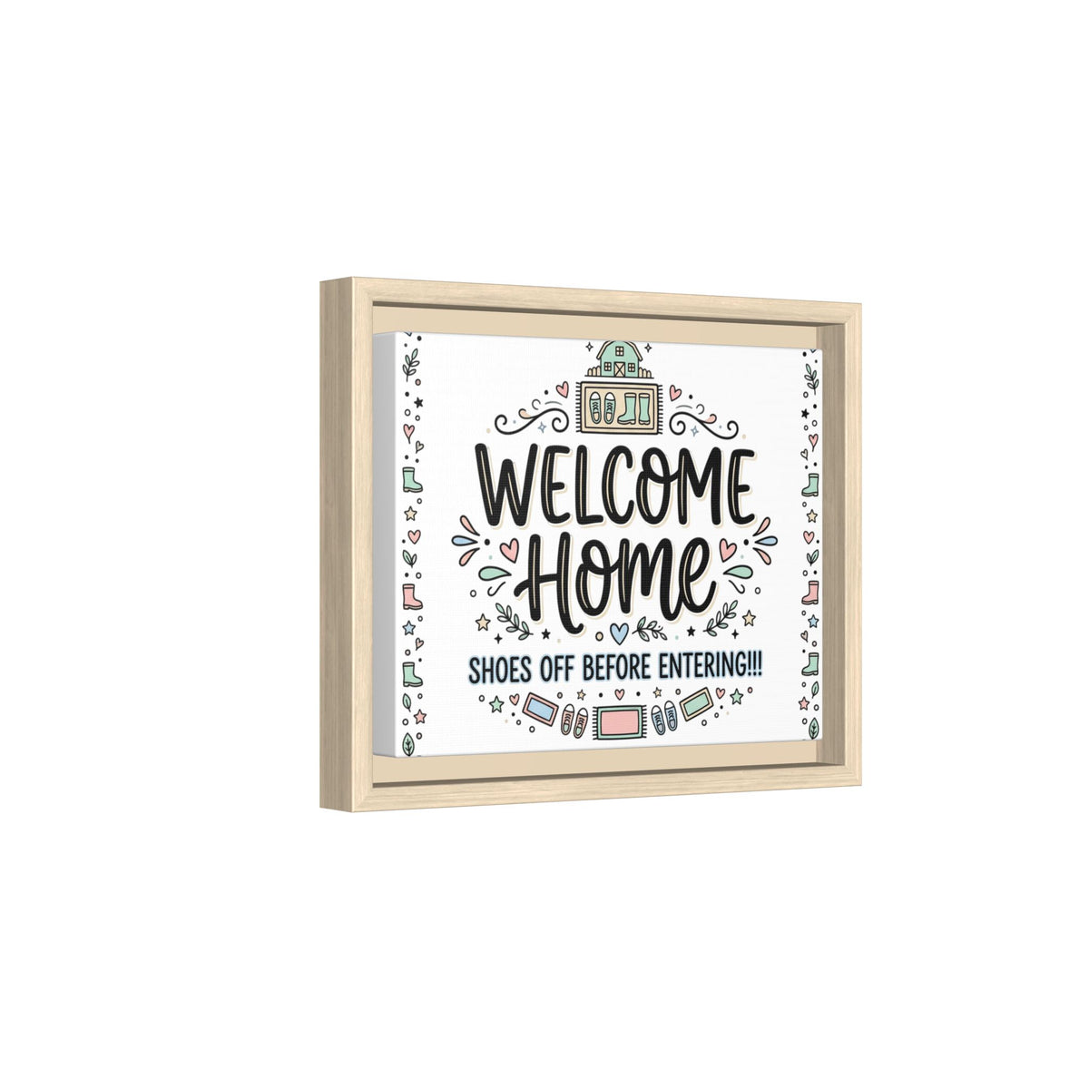 Framed matte canvas wall art with “Welcome Home” and decorative icons; natural wood frame.