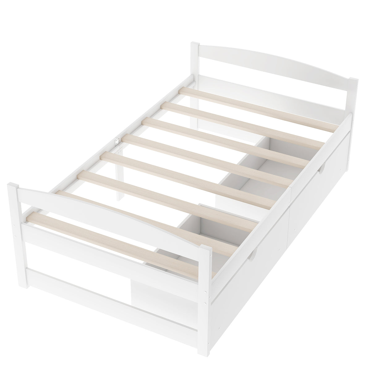 White twin platform bed frame with slatted base and open side rail view
