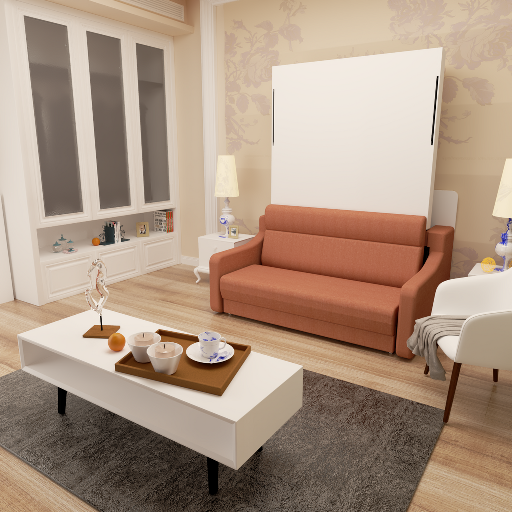 Full size Murphy sofa bed with white panel, orange-brown upholstery, and sofa-style cushions
