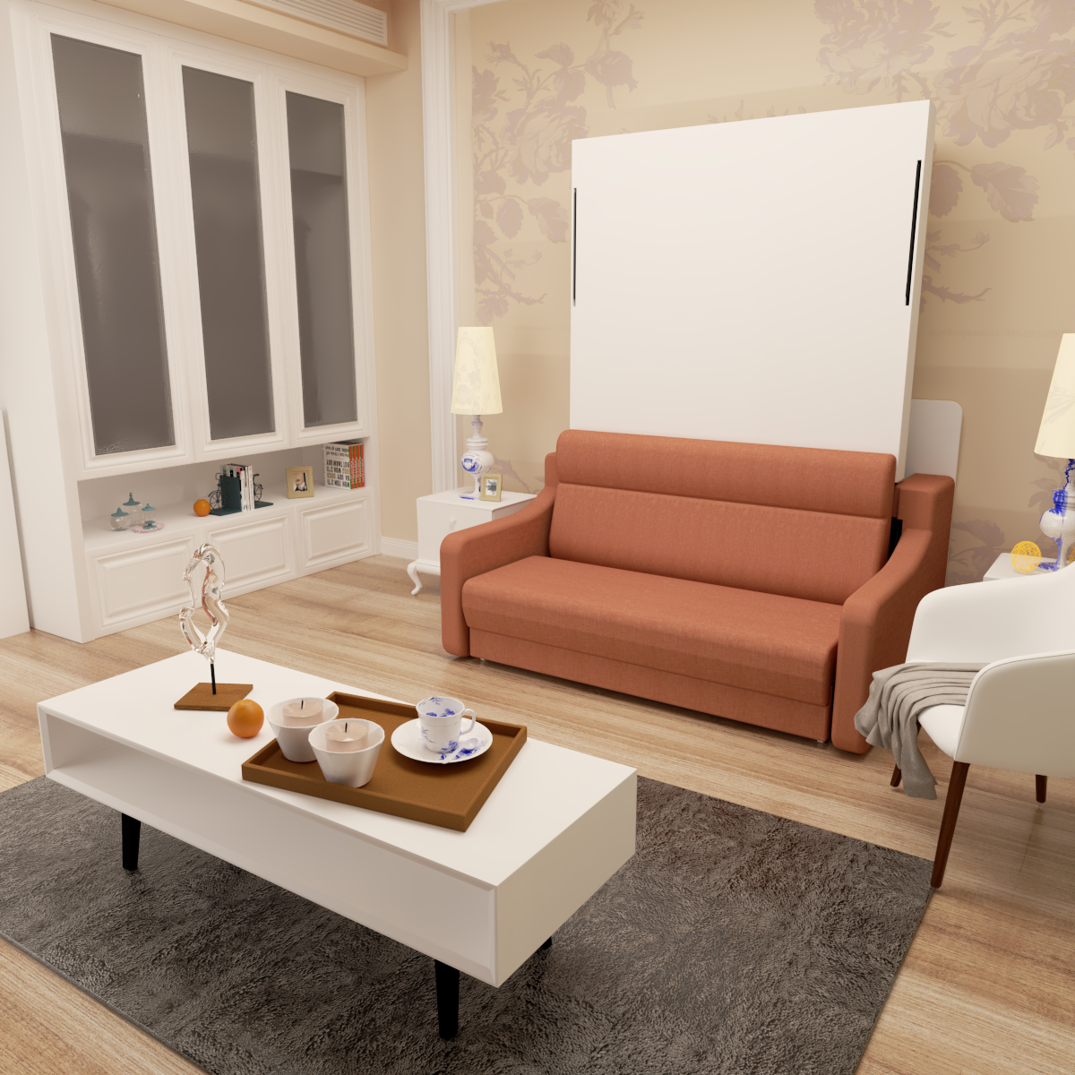Full size Murphy sofa bed with white panel, orange-brown upholstery, and sofa-style cushions
