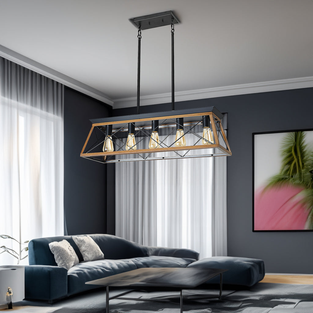 Rectangular 5-light farmhouse chandelier with black metal frame and walnut wood accents