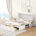 Queen-size mobile Murphy bed in white with side shelves and built-in drawer