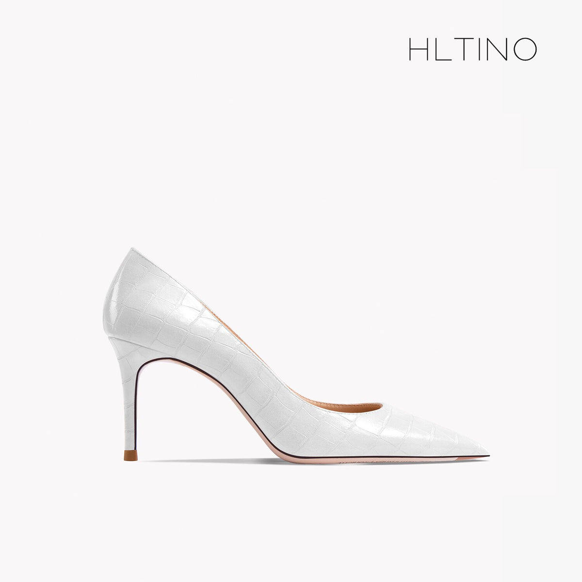 White patent leather pointed-toe high-heel shoes with thin stiletto heel, glossy finish