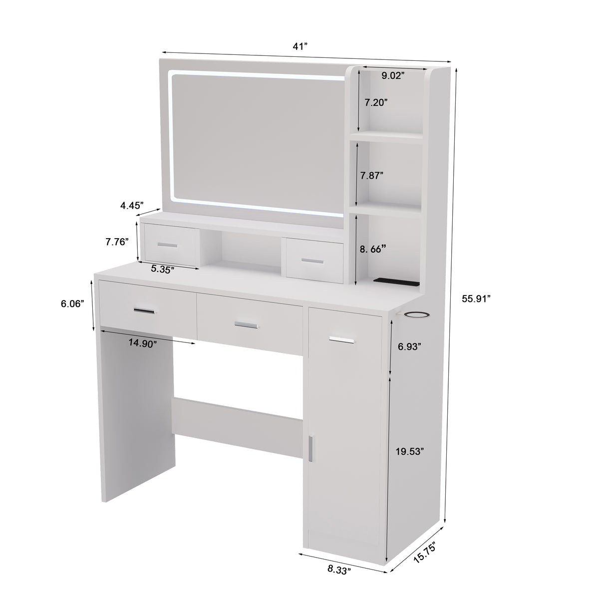White dressing table with illuminated mirror and multi-level storage compartments