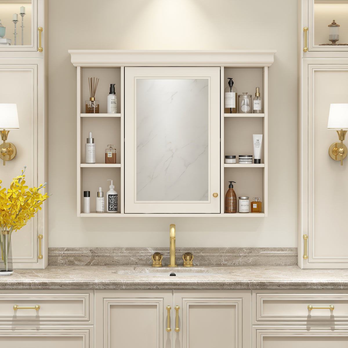 Bathroom wall cabinet with mirror door and built-in shelves, cream frame