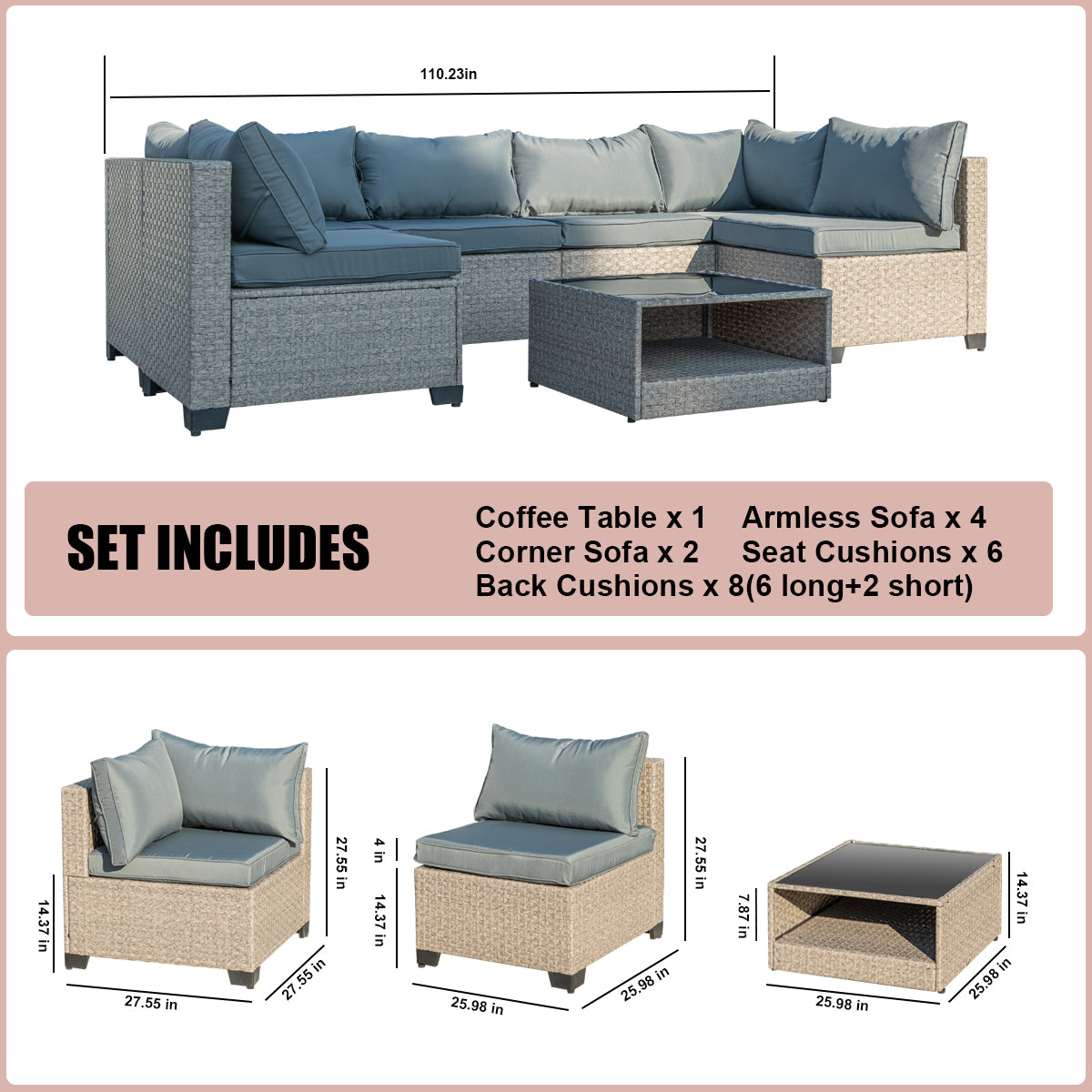 Patio sectional sofa set layout showing grey cushions and beige woven rattan pieces