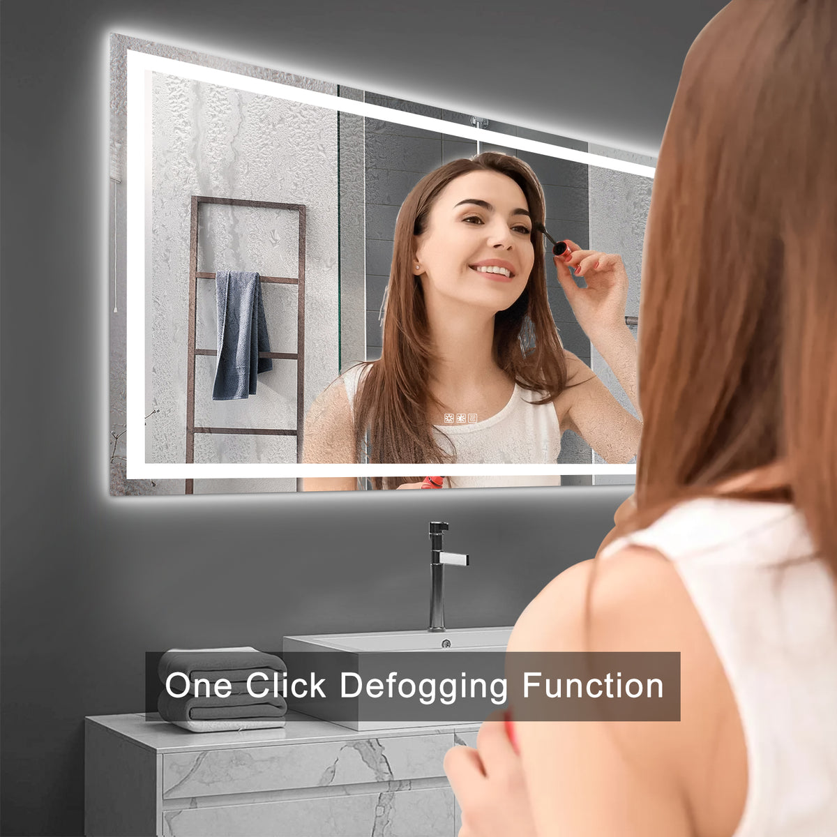 LED bathroom mirror with glowing white border frame and clear reflective glass