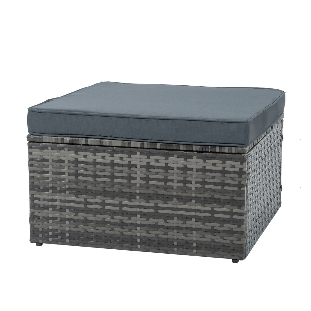 Dark gray cushioned ottoman with woven PE wicker frame