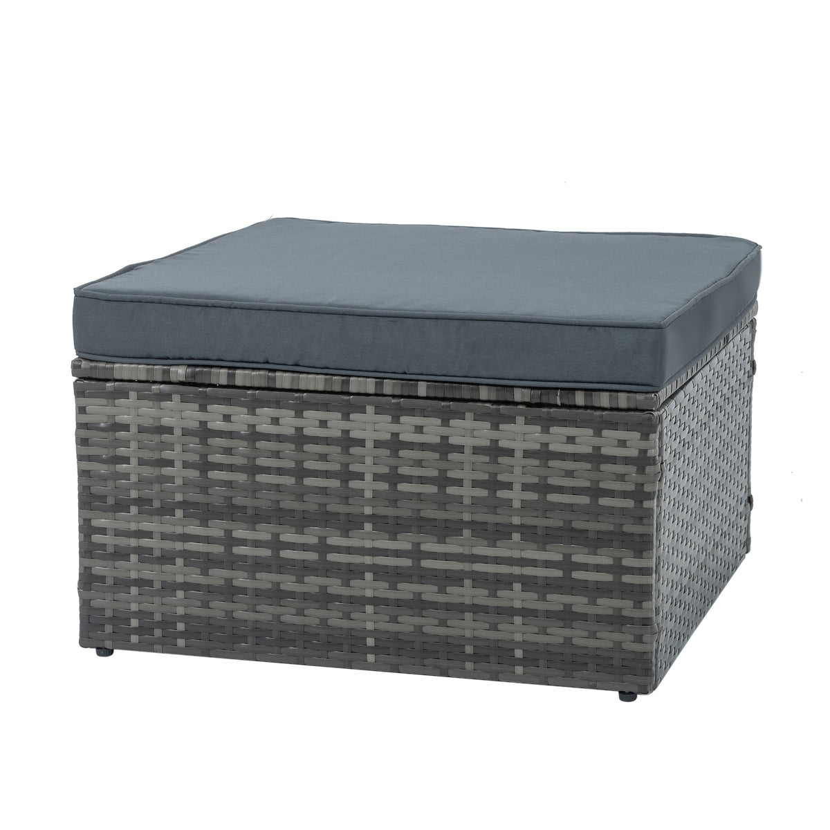 Dark gray cushioned ottoman with woven PE wicker frame
