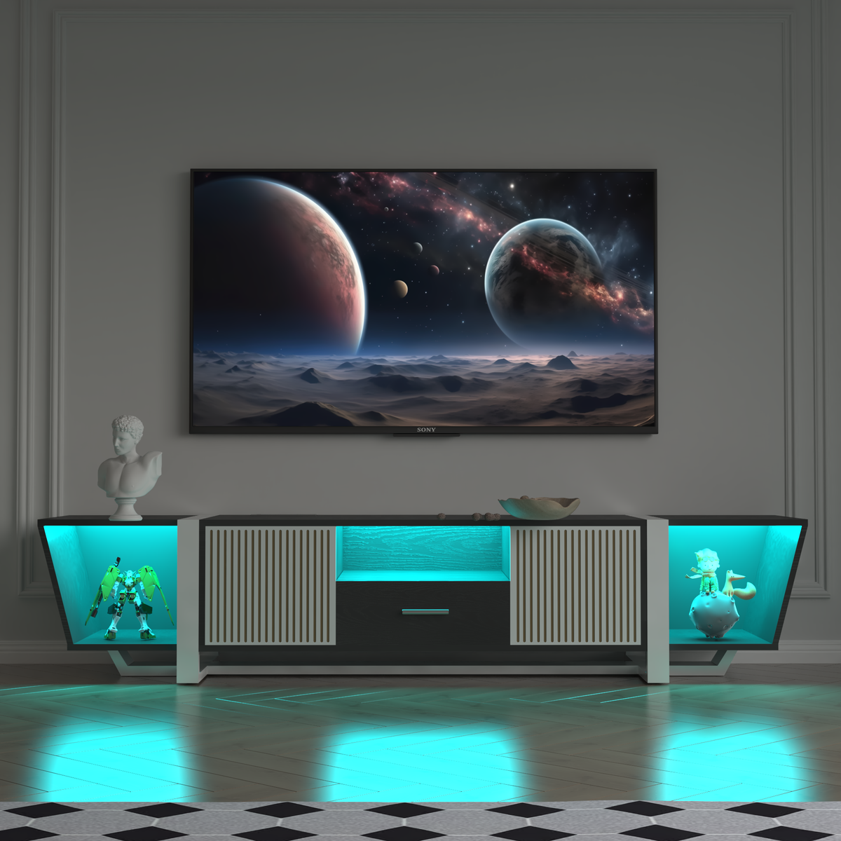 Black TV console with two-door cabinet, center drawer, and teal-lit side panels