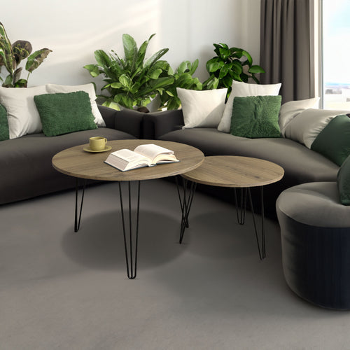 Round nesting coffee table set of 2 with light brown wood tops and black metal legs