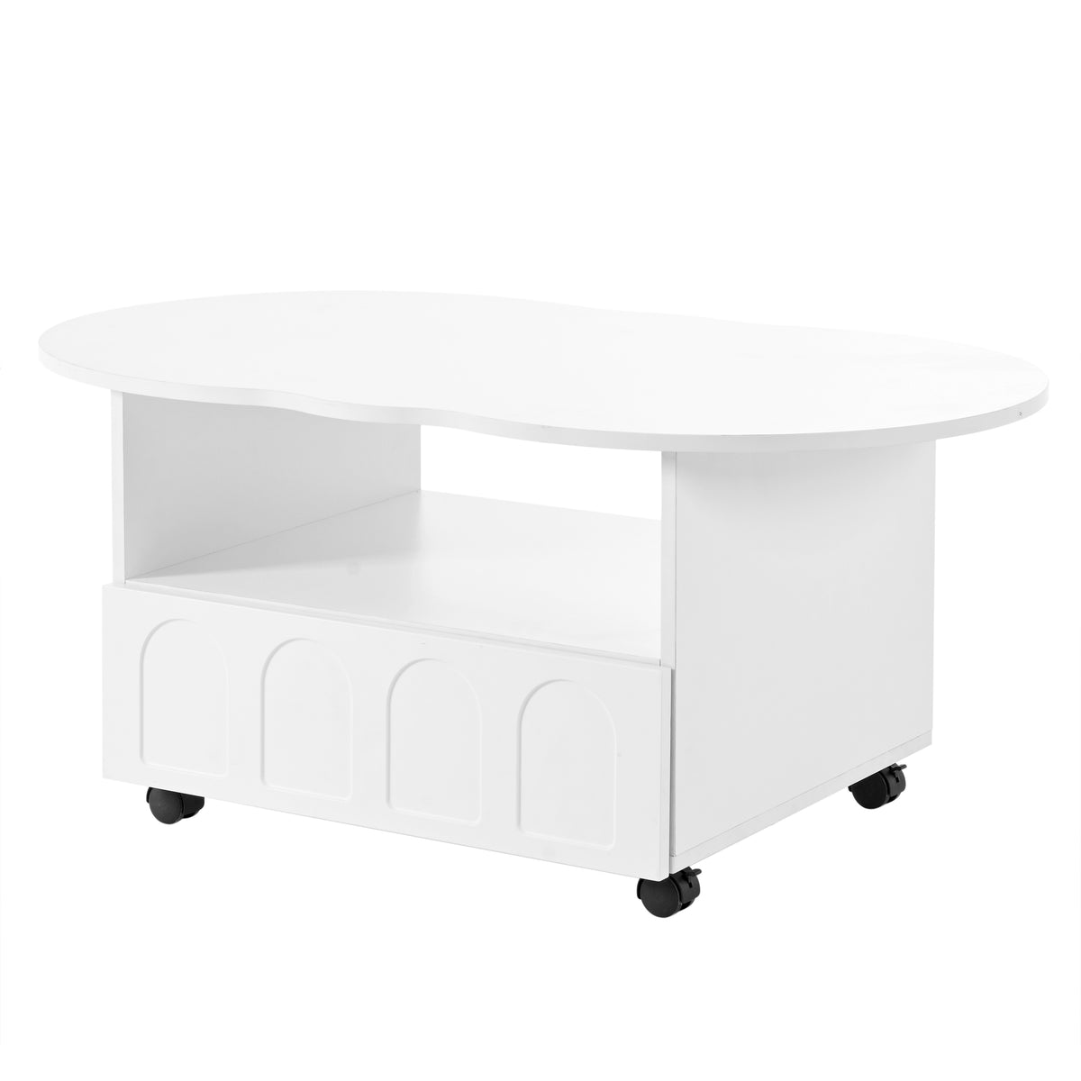 White round coffee table with open shelf, front drawer, and locking caster wheels